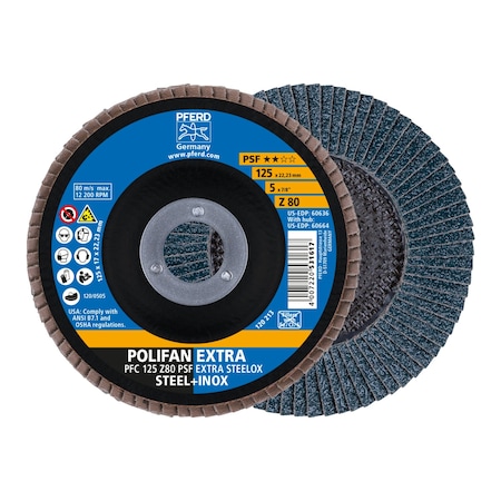 Pferd 5" x 7/8" A.H. POLIFAN Flap Disc - Z PSF EXTRA STEELOX, Zirconia, 80 Grit, Conical 60636